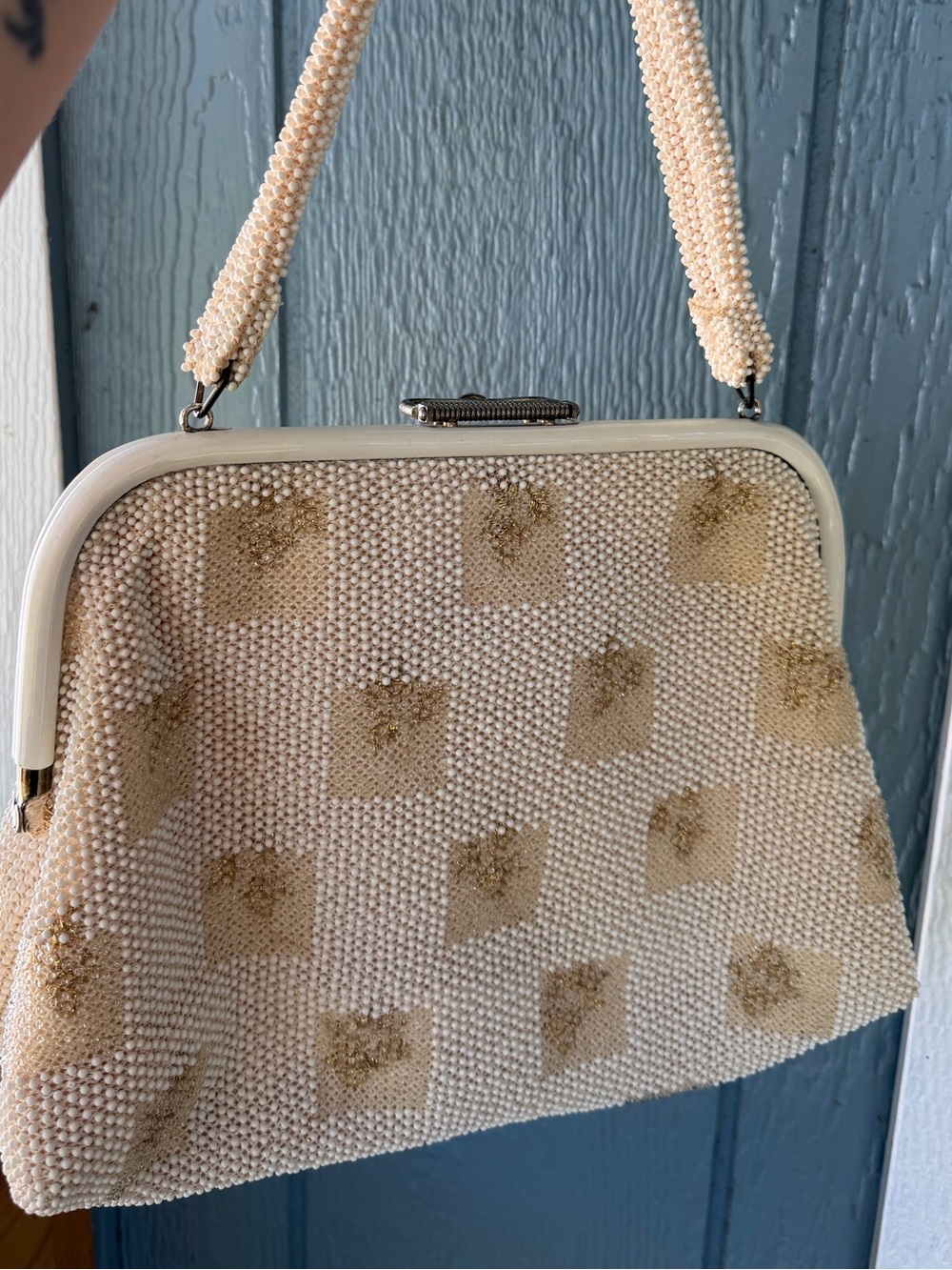 Vintage-Beaded Cream reversible Handbag with Gold Accents